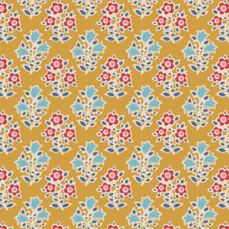 Yardage fabric from the Jubilee Blender Farm Flowers Mustard collection by Tone Finnanger for Tilda Fabrics, featuring a floral pattern with red, blue, yellow, and pink flowers on a beige background.
Photo by Tildafabrics.com [image_link]