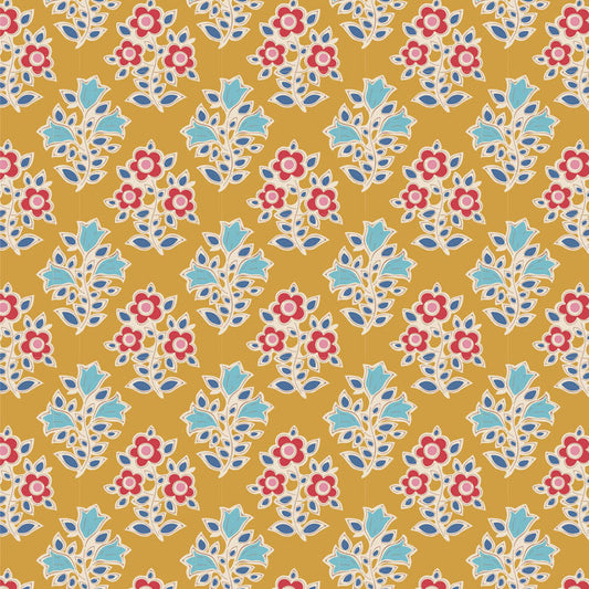 Yardage fabric from the Jubilee Blender Farm Flowers Mustard collection by Tone Finnanger for Tilda Fabrics, featuring a floral pattern with red, blue, yellow, and pink flowers on a beige background.
Photo by Tildafabrics.com [image_link]