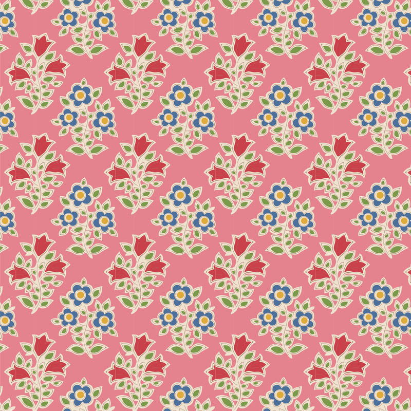 A pink fabric from the Jubilee Blender Farm Flowers collection featuring a floral pattern with red, blue, and green flowers.
Photo by Tildafabrics.com [image_link]