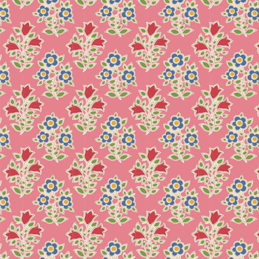 A pink fabric from the Jubilee Blender Farm Flowers collection featuring a floral pattern with red, blue, and green flowers.
Photo by Tildafabrics.com [image_link]