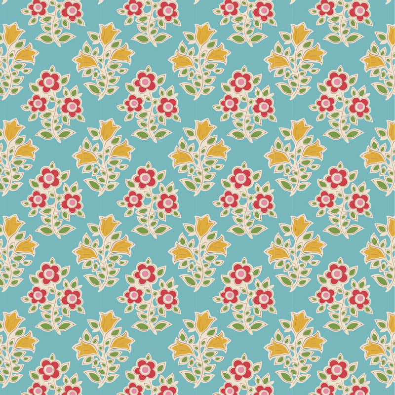 Floral pattern with pink flowers and yellow leaves on a teal background.
Photo by Tildafabrics.com [image_link]