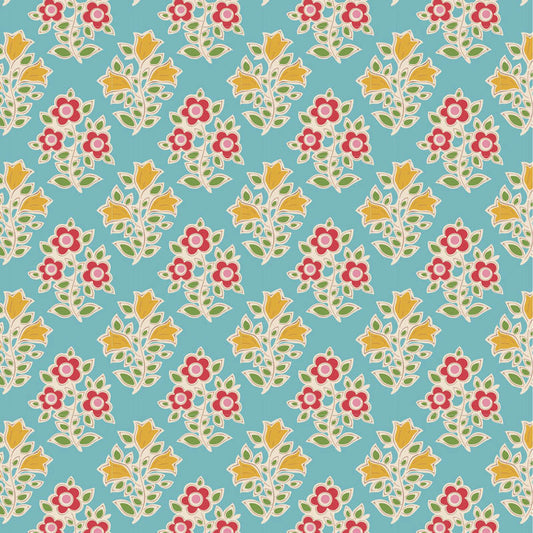 Floral pattern with pink flowers and yellow leaves on a teal background.
Photo by Tildafabrics.com [image_link]