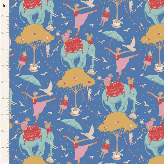 Cute circus fabric pattern with elephants, dancers, and trees on a blue background.
Photo by Tildafabrics.com [image_link]