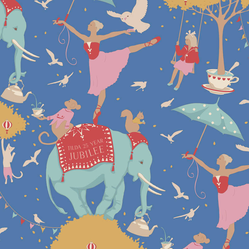 Cute circus fabric pattern with elephants, dancers, and trees on a blue background, close up.
Photo by Tildafabrics.com [additional_image_link]