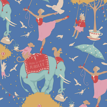 Cute circus fabric pattern with elephants, dancers, and trees on a blue background, close up.
Photo by Tildafabrics.com [additional_image_link]