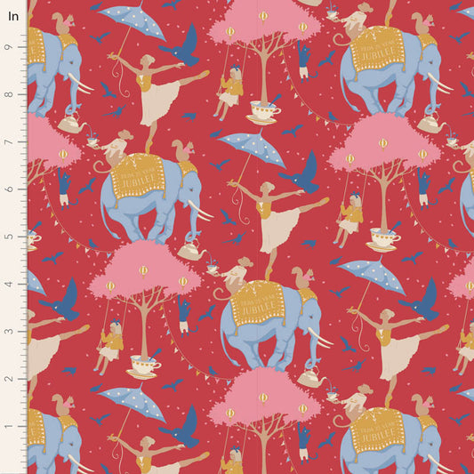 Yardage of Jubilee Circus Life Red fabric featuring a pattern with elephants, people, and umbrellas in a festive design against a red background.
Photo by Tildafabrics.com [image_link]