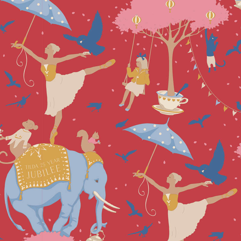 Yardage of Jubilee Circus Life Red fabric featuring a pattern with elephants, people, and umbrellas in a festive design against a red background close up.
Photo by Tildafabrics.com [additional_image_link]