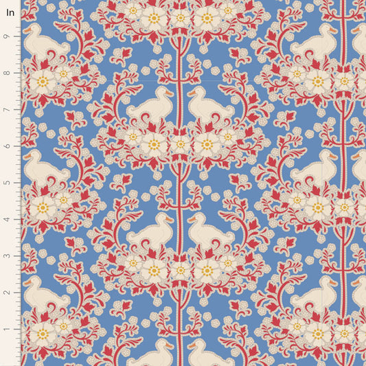 A yardage sample of Tilda Jubilee Duck Nest Blue fabric featuring a blue background with a red and white floral pattern.
Photo by Tildafabrics.com [image_link]