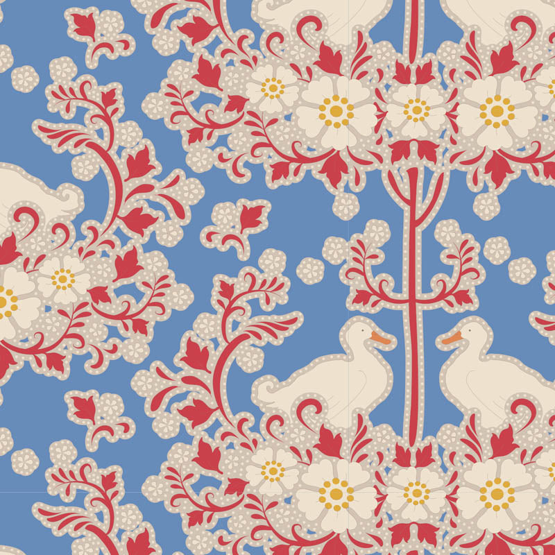 A yardage sample of Tilda Jubilee Duck Nest Blue fabric featuring a blue background with a red and white floral pattern.
Photo by Tildafabrics.com [additional_image_link]