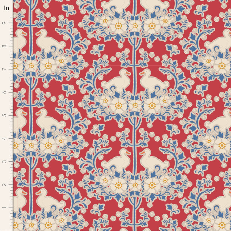A piece of red fabric with a floral duck nest pattern designed by Tone Finnanger for Tilda Fabrics.
Photo by Tildafabrics.com [image_link]
