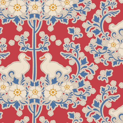 A piece of red fabric with a floral duck nest pattern designed by Tone Finnanger for Tilda Fabrics.
Photo by Tildafabrics.com [additional_image_link]