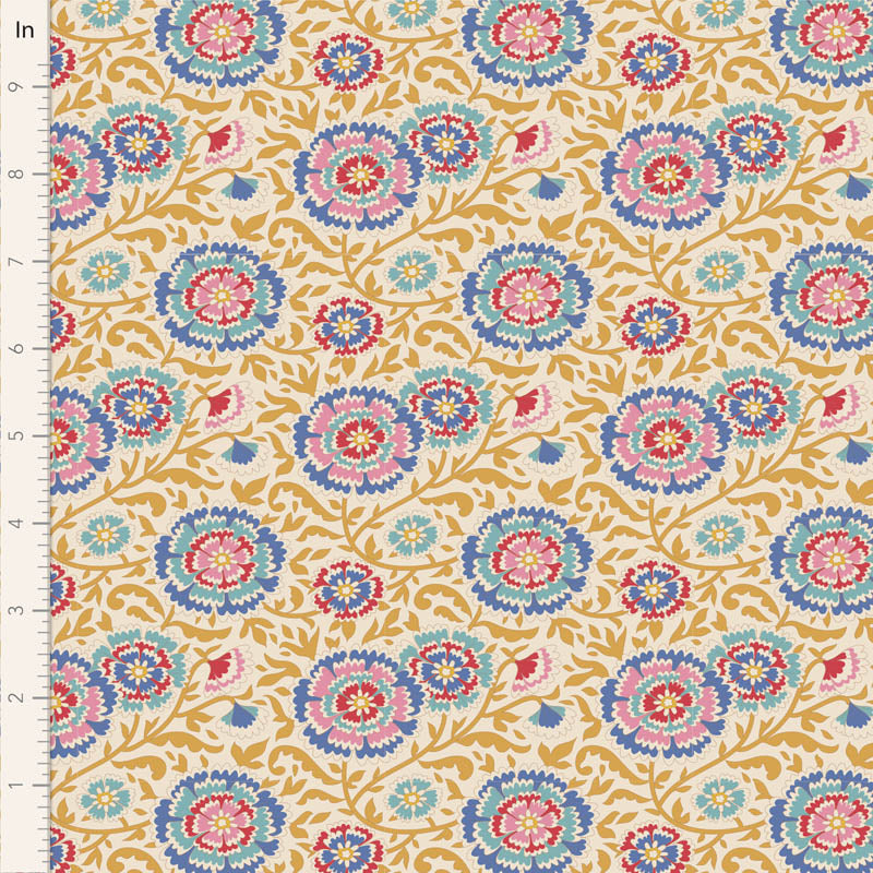 A fabric with a floral pattern in mustard color, part of the Tilda Jubilee Elodie collection.
Photo by Tildafabrics.com [image_link]