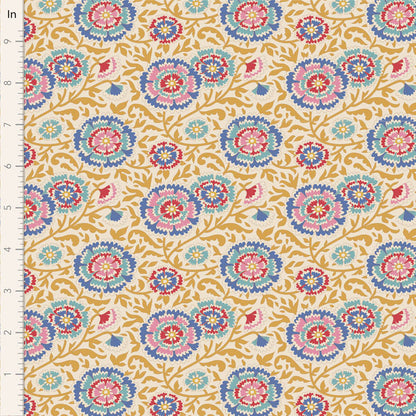 A fabric with a floral pattern in mustard color, part of the Tilda Jubilee Elodie collection.
Photo by Tildafabrics.com [image_link]