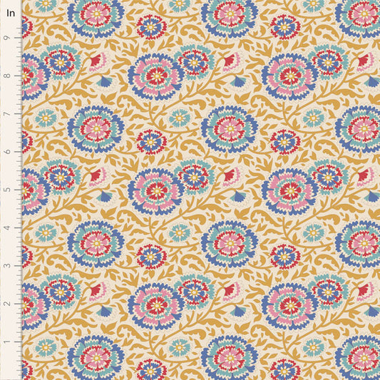 A fabric with a floral pattern in mustard color, part of the Tilda Jubilee Elodie collection.
Photo by Tildafabrics.com [image_link]