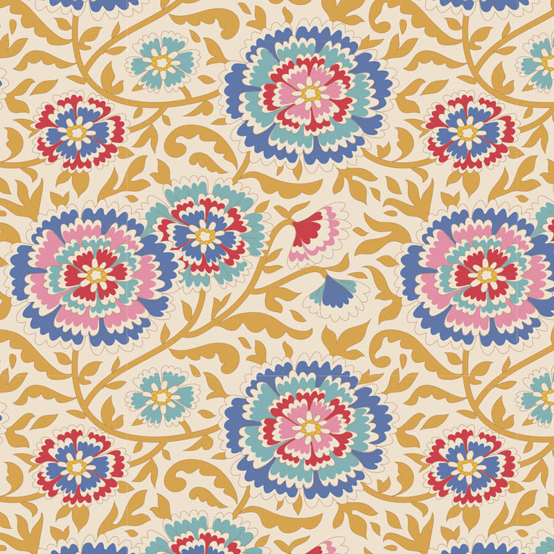 A fabric with a floral pattern in mustard color, part of the Tilda Jubilee Elodie collection close up.
Photo by Tildafabrics.com [additional_image_link]