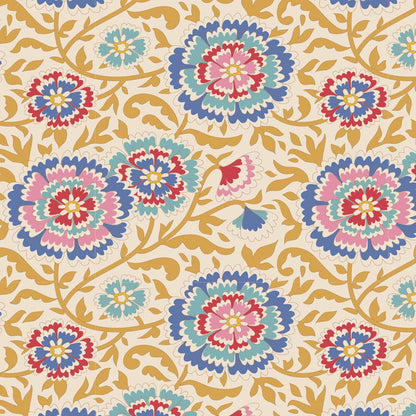 A fabric with a floral pattern in mustard color, part of the Tilda Jubilee Elodie collection close up.
Photo by Tildafabrics.com [additional_image_link]
