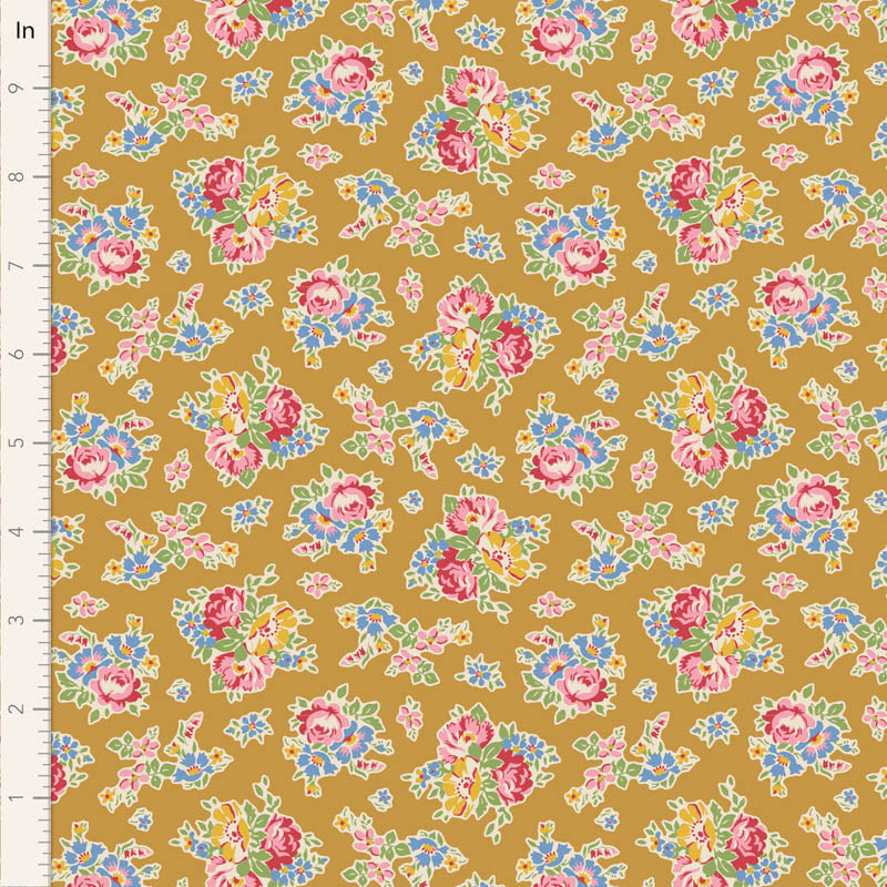 A fabric with a floral pattern in yellow, pink, and blue hues, part of the Jubilee Sue collection by Tilda Fabrics.
Photo by Tildafabrics.com [image_link]