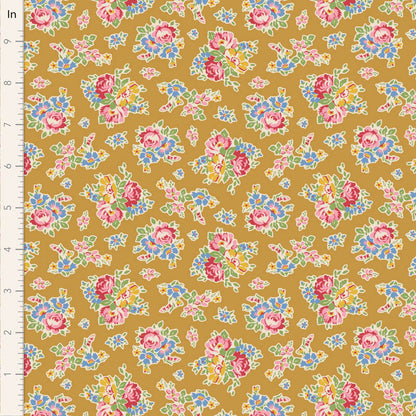 A fabric with a floral pattern in yellow, pink, and blue hues, part of the Jubilee Sue collection by Tilda Fabrics.
Photo by Tildafabrics.com [image_link]