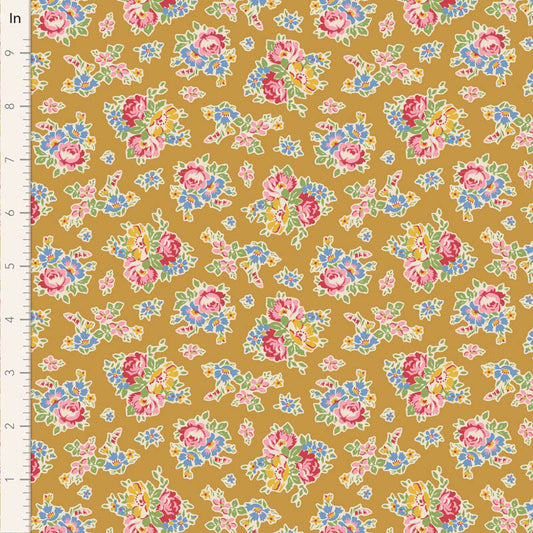 A fabric with a floral pattern in yellow, pink, and blue hues, part of the Jubilee Sue collection by Tilda Fabrics.
Photo by Tildafabrics.com [image_link]