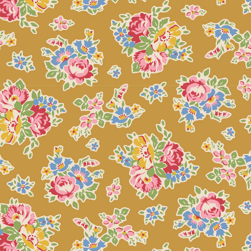 A fabric with a floral pattern in yellow, pink, and blue hues, part of the Jubilee Sue collection by Tilda Fabrics close up.
Photo by Tildafabrics.com [additional_image_link]