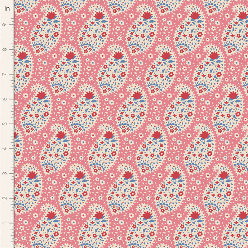 A pink fabric with a teardrop floral pattern and a repetitive measure scale along the edge.
Photo by Tildafabrics.com [image_link]