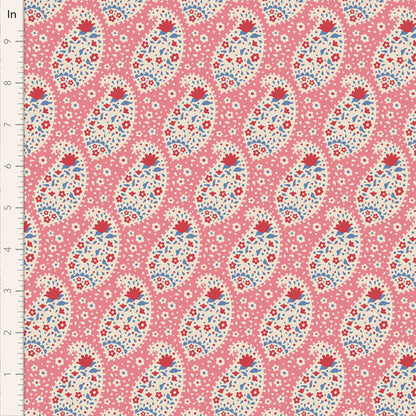 A pink fabric with a teardrop floral pattern and a repetitive measure scale along the edge.
Photo by Tildafabrics.com [image_link]
