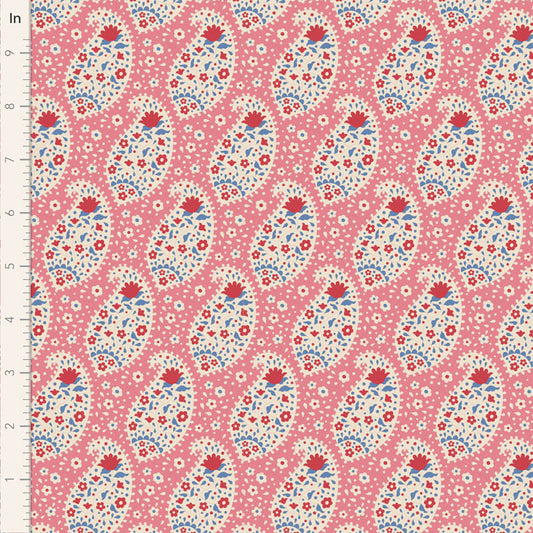 A pink fabric with a teardrop floral pattern and a repetitive measure scale along the edge.
Photo by Tildafabrics.com [image_link]