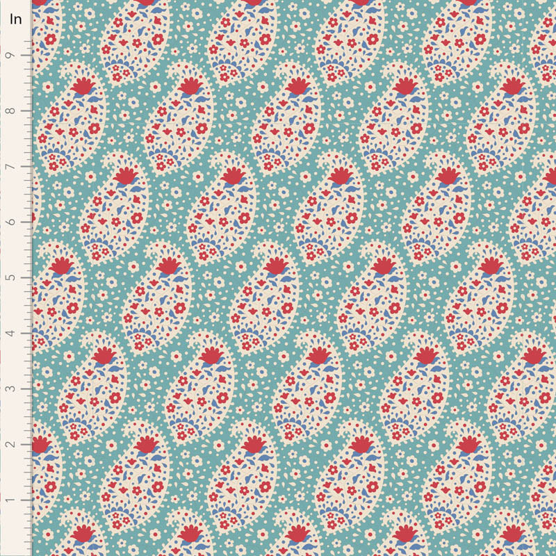 Patterned fabric with red and white flowers on a teal background, measured in inches.
Photo by Tildafabrics.com [image_link]