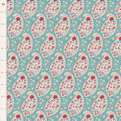 Patterned fabric with red and white flowers on a teal background, measured in inches.
Photo by Tildafabrics.com [image_link]