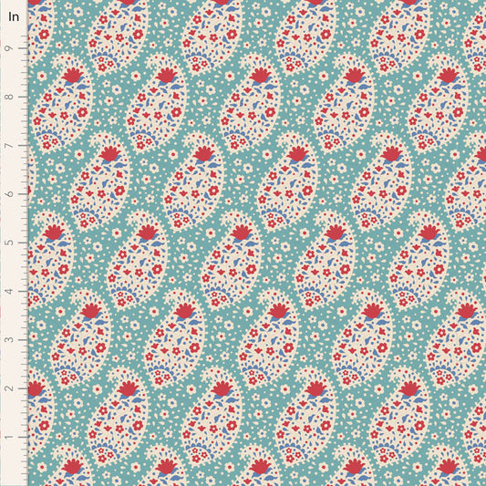 Patterned fabric with red and white flowers on a teal background, measured in inches.
Photo by Tildafabrics.com [image_link]