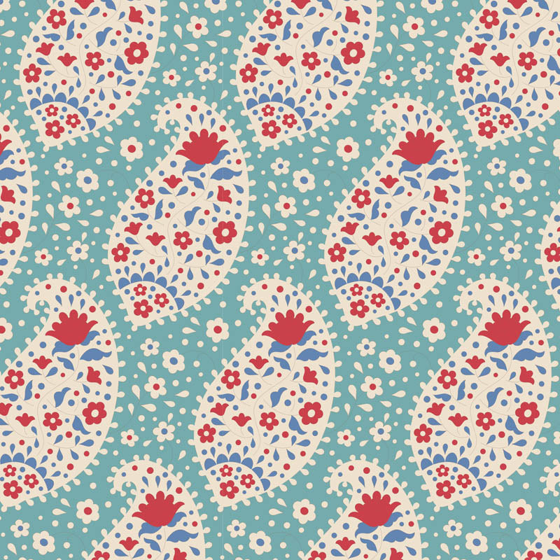 Patterned fabric with red and white flowers on a teal background, close up.
Photo by Tildafabrics.com [additional_image_link]