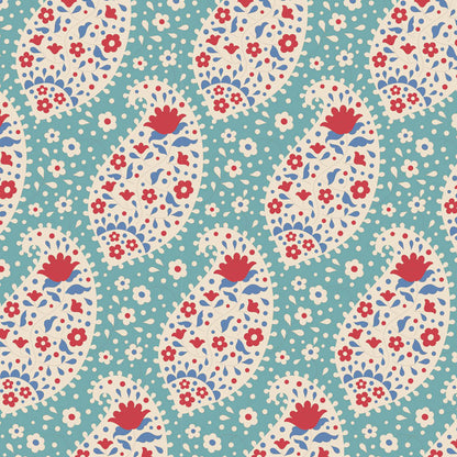 Patterned fabric with red and white flowers on a teal background, close up.
Photo by Tildafabrics.com [additional_image_link]