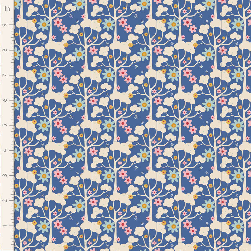 Fabric with floral and cloud pattern on a blue background, measured in inches.
Photo by Tildafabrics.com [image_link]