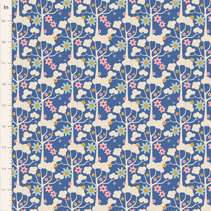 Fabric with floral and cloud pattern on a blue background, measured in inches.
Photo by Tildafabrics.com [image_link]