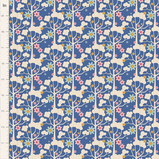 Fabric with floral and cloud pattern on a blue background, measured in inches.
Photo by Tildafabrics.com [image_link]
