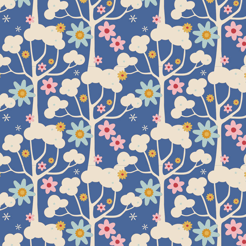 Fabric with floral and cloud pattern on a blue background, measured in inches.
Photo by Tildafabrics.com [additional_image_link]