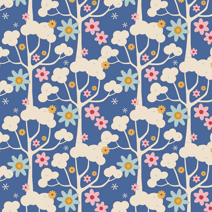 Fabric with floral and cloud pattern on a blue background, measured in inches.
Photo by Tildafabrics.com [additional_image_link]