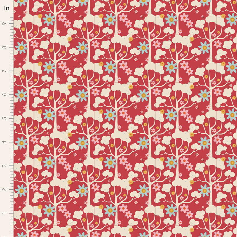 A red floral patterned fabric from the Jubilee Wildgarten collection by Tilda Fabrics.
Photo by Tildafabrics.com [image_link]