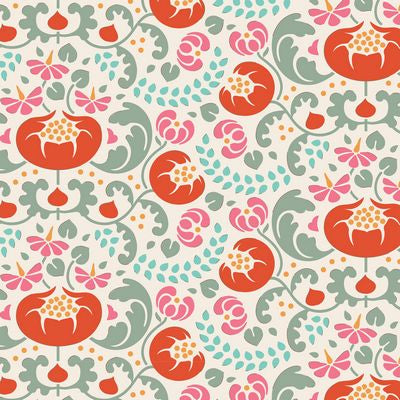 A yard of Mildred Ginger fabric from Tilda's Lazy Days collection showing a floral pattern with large flowers in red and orange, and green leaves on a white background.
Photo by Tildafabrics.com [image_link]