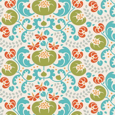 A piece of fabric with a floral pattern featuring green, blue, and orange colors on a white background.
Photo by Tildafabrics.com [image_link]