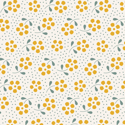 A repeating floral pattern featuring yellow flowers with green leaves on a warm off-white background, accented with small gray polka dots.
Photo by Tildafabrics.com [image_link]