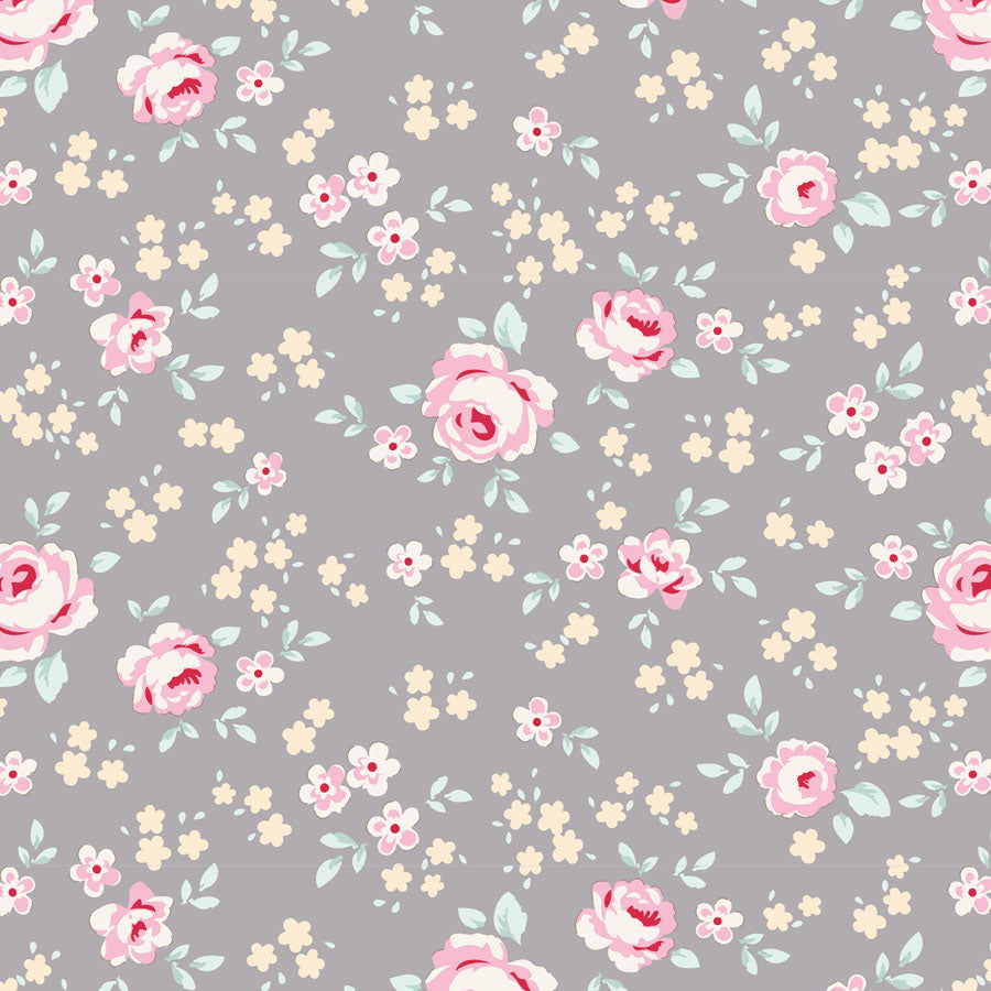 A repeating floral pattern on a light gray background, featuring pink roses, small pink-and-white blossoms, pale yellow flowers, and soft green leaves.
Photo by Tildafabrics.com [image_link]