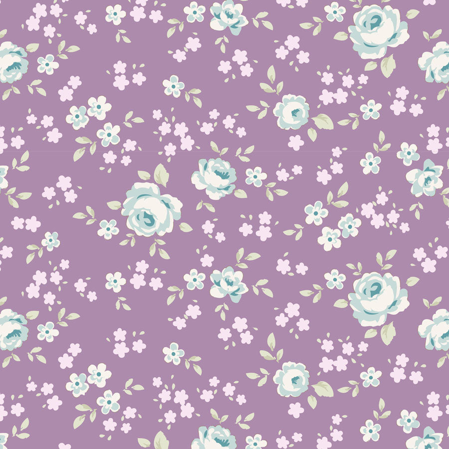 A repeating floral pattern on a lavender-purple background, featuring large pale blue roses, small white blossoms, and soft green leaves.
Photo by Tildafabrics.com [image_link]