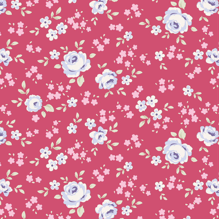 A repeating floral pattern on a pink background, featuring large pale blue and white roses, smaller pink blossoms, and light green leaves.
Photo by Tildafabrics.com [image_link]