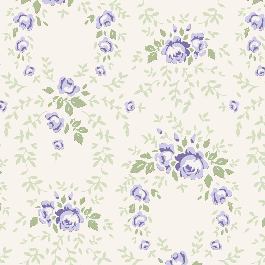 A repeating floral pattern featuring light purple roses and green leaves on a warm cream background.
Photo by Tildafabrics.com [image_link]