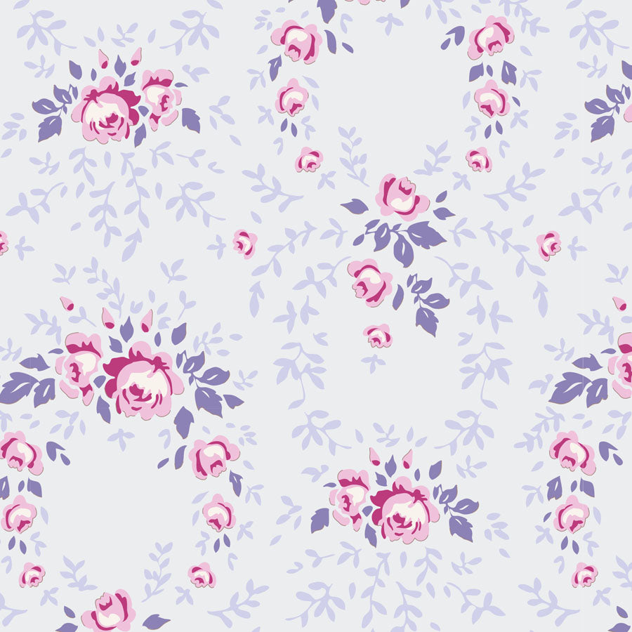 A repeating floral pattern featuring pink roses and purple leaves on a very light gray-purple background.
Photo by Tildafabrics.com [image_link]
