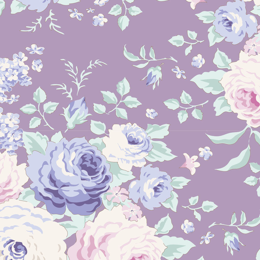 A repeating floral pattern on a dusty lavender background, featuring large roses and peonies in soft blue, pink, and cream with pale green leaves and stems.
Photo by Tildafabrics.com [image_link]