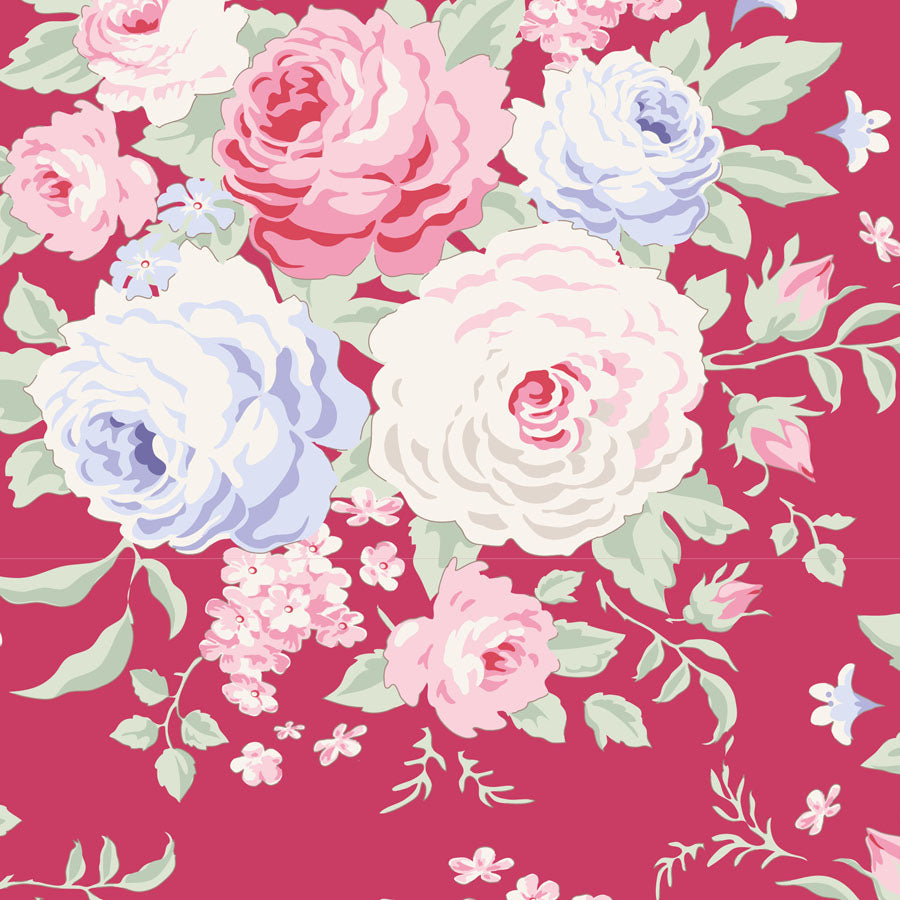 A repeating floral pattern featuring large pink, cream, and light blue roses with green leaves on a bright pink background.
Photo by Tildafabrics.com [image_link]