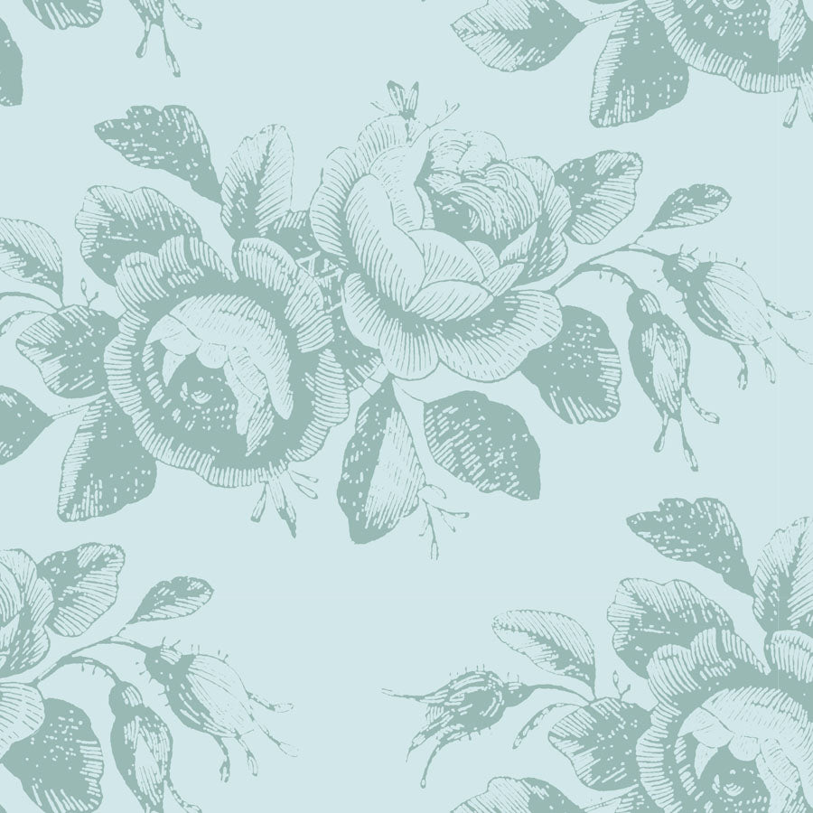 A repeating floral pattern featuring large vintage-style roses and leaves in a muted sage green on a pale green background.
Photo by Tildafabrics.com [image_link]