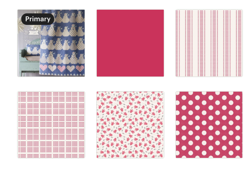 A collage showing six fabric or wallpaper pattern swatches labeled 'Primary' in the top-left, including a blue quilt panel with white motifs and several pink-and-white pattern options such as stripes, grids, florals, and polka dots.
Photo by Tildafabrics.com [additional_image_link]